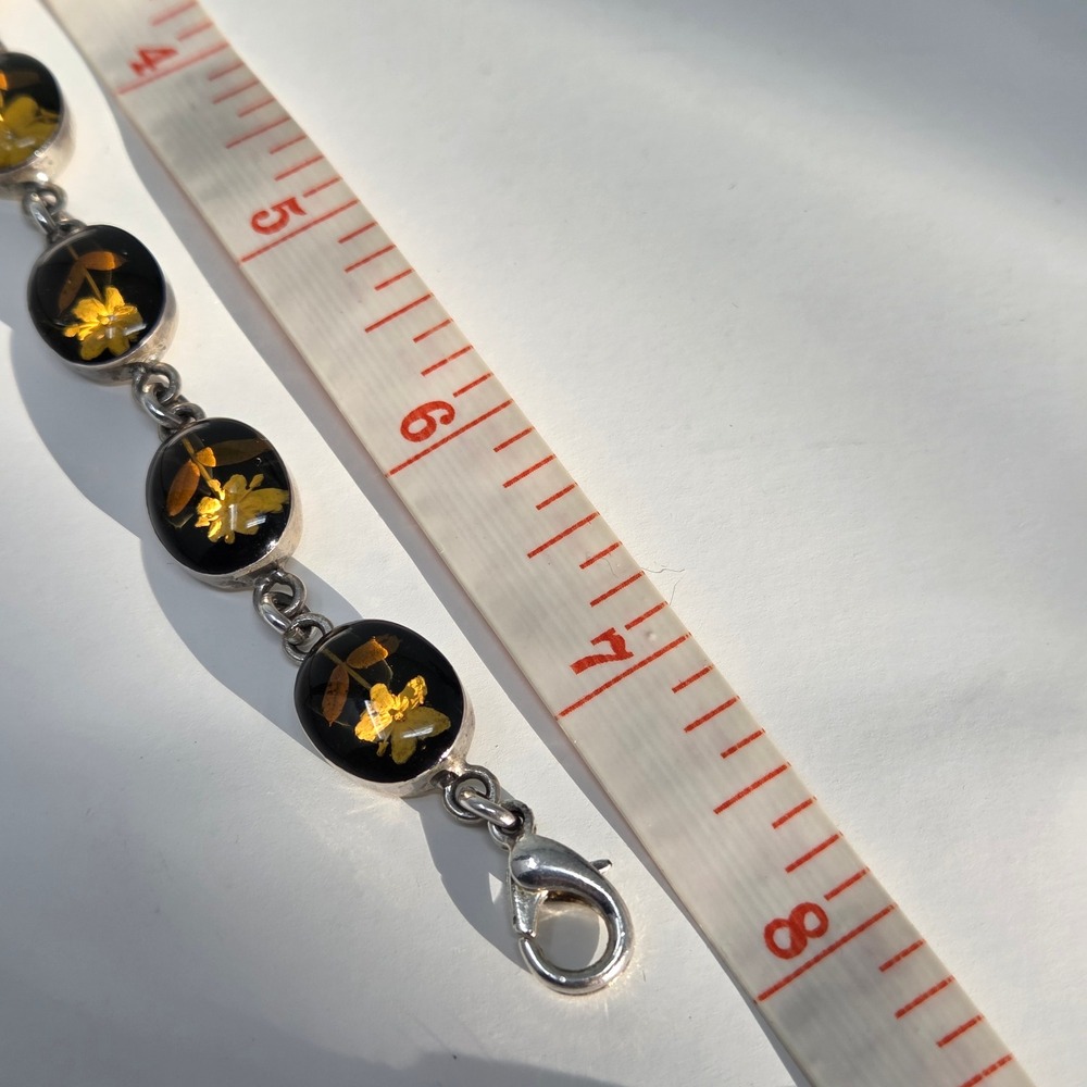 Mexican Silver Bracelet Sterling Silver Pressed Flowers Resin Links 7.5" 17.8g - Picture 7 of 9